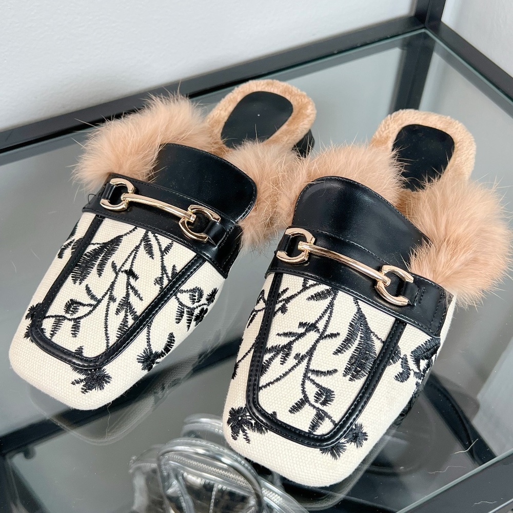 Floral print loafer mules